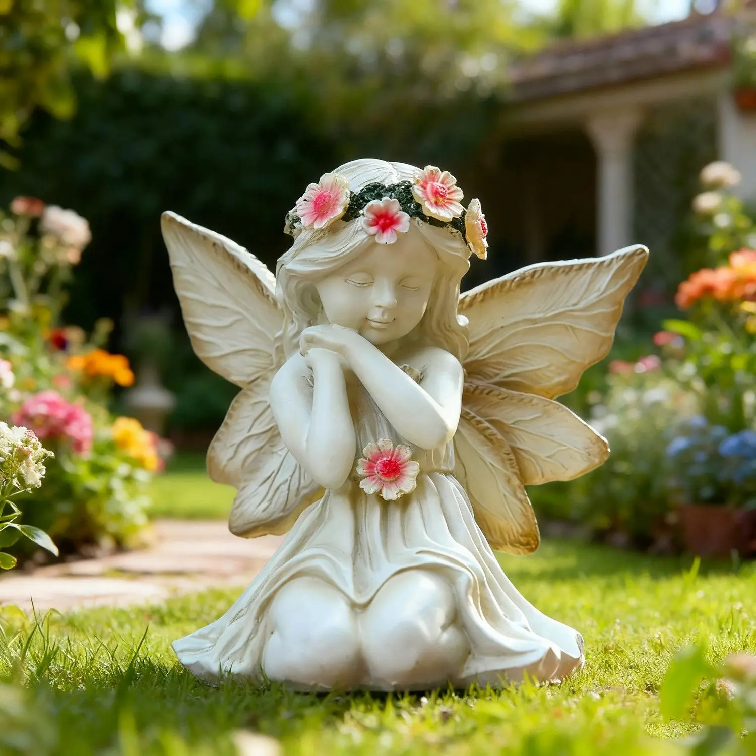 Solar Powered Flower Fairy Light Angel Wings Figurine Outdoor Garden Decoration Resin Ornaments Mother's Day Birthday Magic Gift
