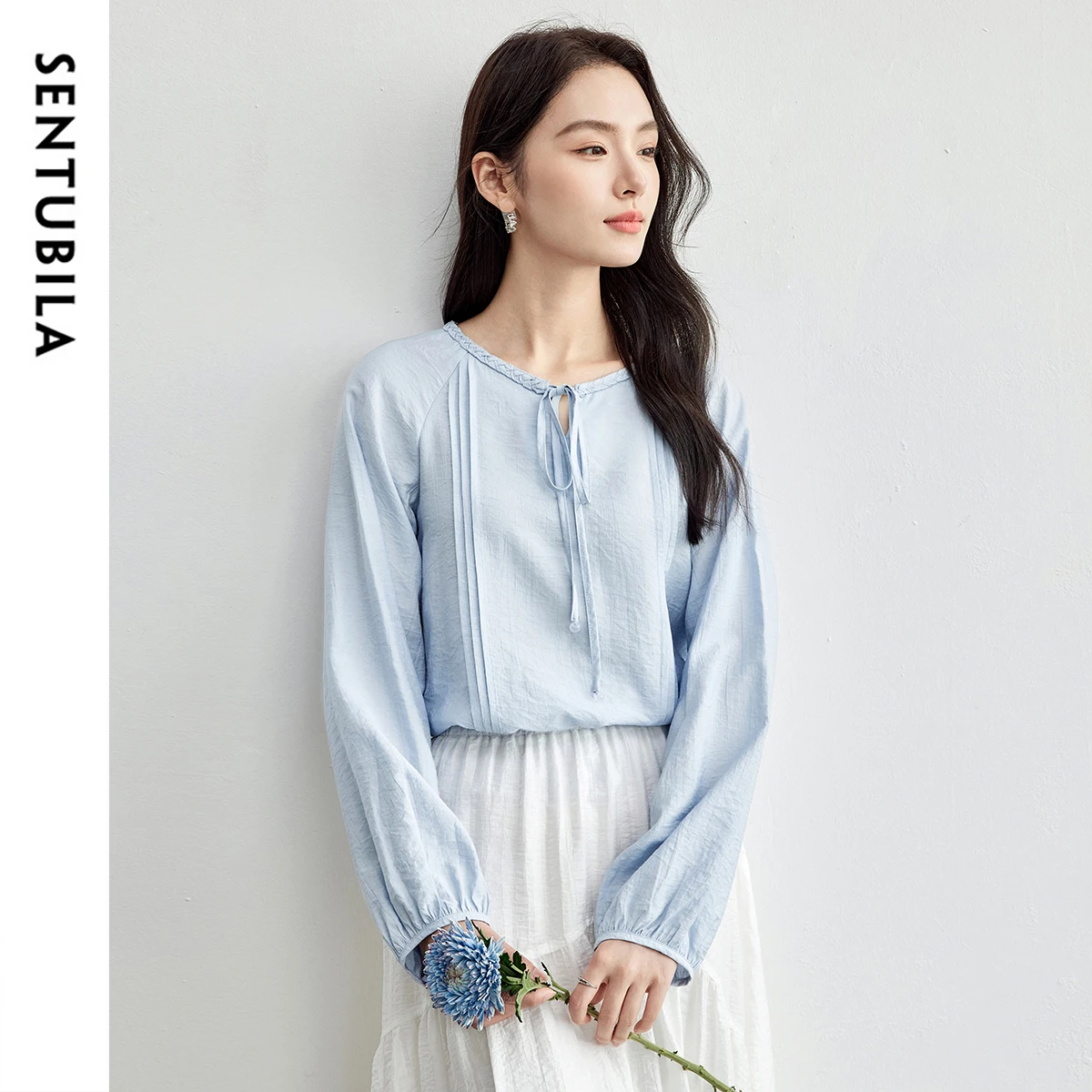 SENTUBILA Elegant Women's Blouses Lace-up Hollow-out Lantern Sleeve Sweet Commute Folds Shirts 2025 Spring New W51C58421