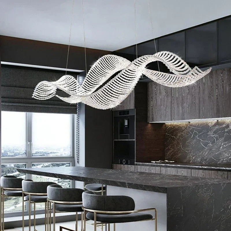Luxury Ocean Wave Crystal Chandelier LED Ceiling Light Chrome Hanging Lamp for Home Dining Room Decor