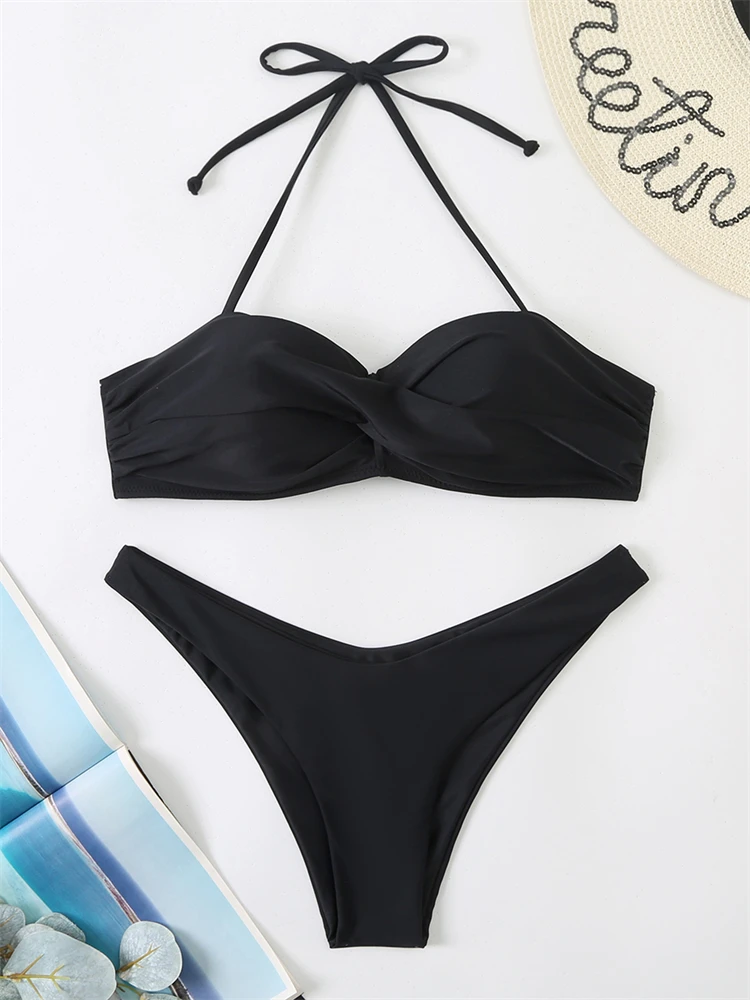 Bikini 2024 New Swimsuit Women Swimwear Mujer Push Up Bikinis Set Solid Black High Waist Bathing Suit Female Beach Two Pieces XL