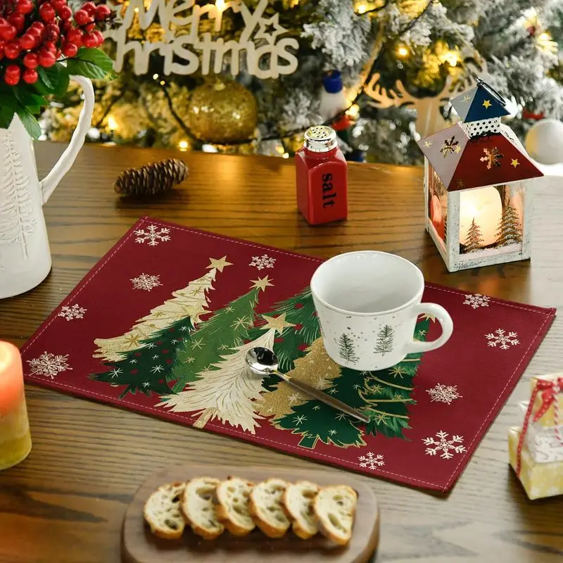 VIKAMA Christmas Placemat Red Background Xmas Tree Snowflake Dining Table Home Kitchen Winter Holiday Table Decor