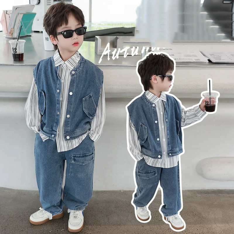 

Baby Boy Clothes Set Age 2-11Y Kid Denim Vest+Shirt Top+Jeans Bottom Suit Child 3Piece Of Clothing Set Toddler Casual Denim Sets