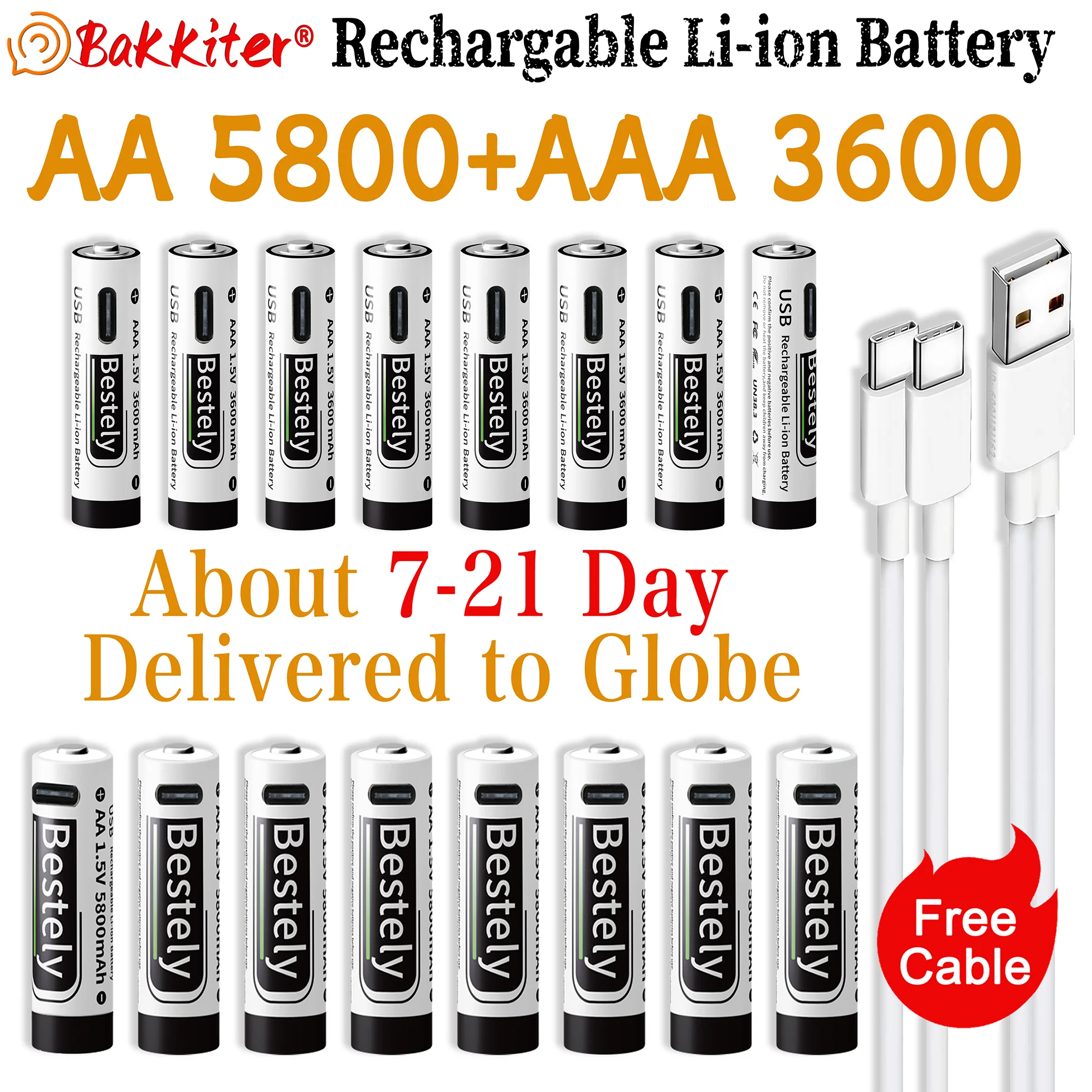 BaKKiter 1.5V AA 5800mAh + AAA 3600mAh batterie Lithium-Ion Rechargeable mise à jour charge rapide Batteries Li-ion/câble USB-C/libre