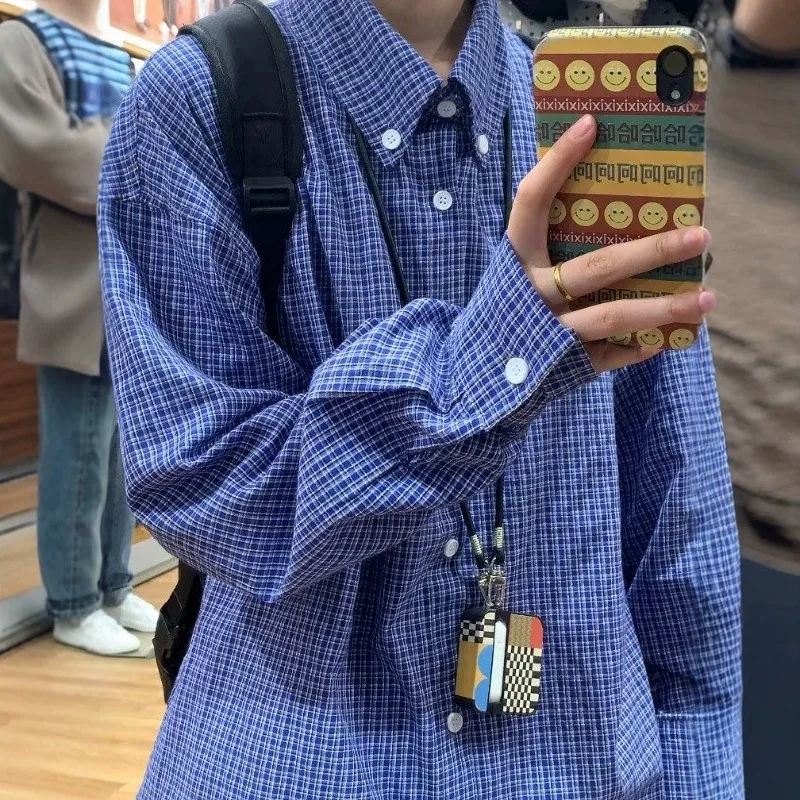 

Винтажная рубашка в синюю клетку, высококачественная, унисекс, с длинными рукавами, свободного кроя, повседневная, универсальная, стильная и оригинальная.