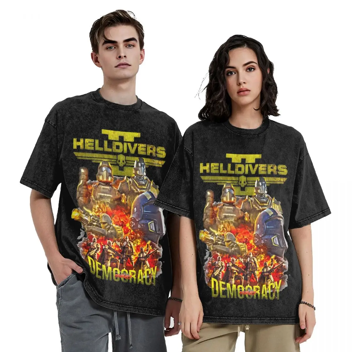 Helldivers 2 Managed Democracy T Shirts Hip Hop Washed T-Shirts Game Automatons Robots Tee Fashion for Men Women Streetwear