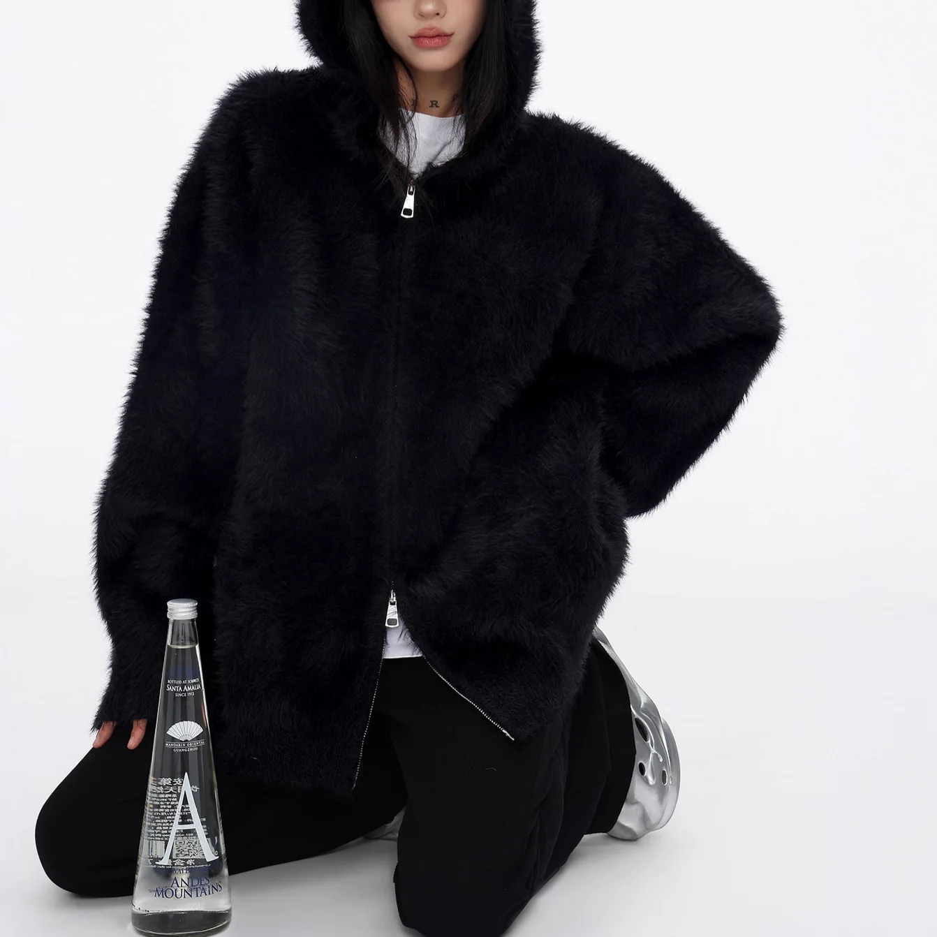 

2025 New American Cleanfit Lazy Sle Fake Mink High Collar Zipper Hoodie Men's Bla Loose Warm Long Sve Cotton Sweatirt