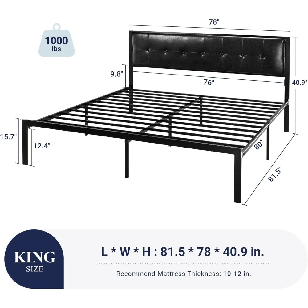 King Size Bed Frames with Faux Leather Headboard for Kids, Platform Bed Frame with 12.4” Underbed Storage-Black