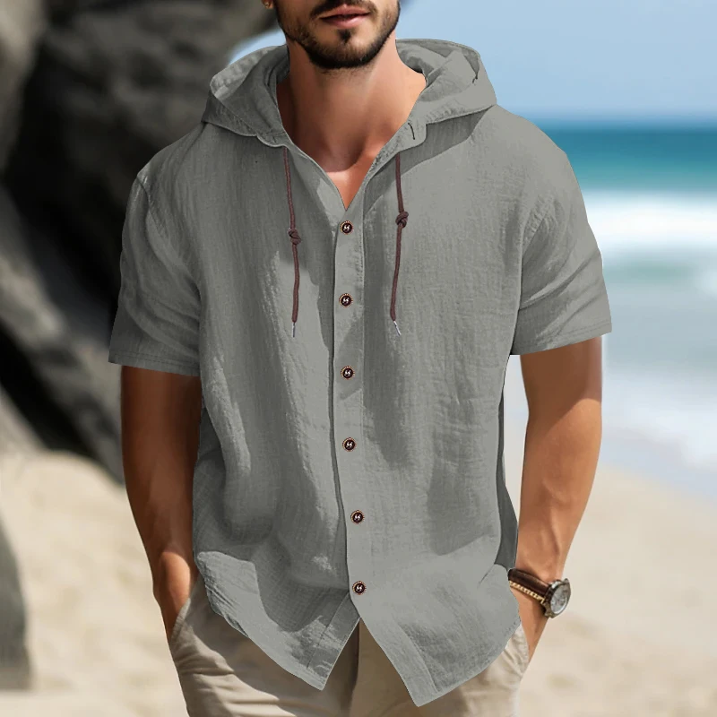 Men\'s lightweight linen beach shirt with hood, short sleeved hippie casual button up hooded shirt, hooded Henry shirt