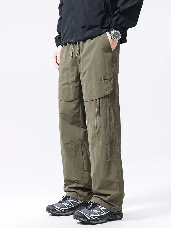 

Летние спортивные рабочие брюки High Street Qui Dry, мужские уличные свободные прямые брюки с широкими штанинами из ледяного шелка, повседневные длинные брюки