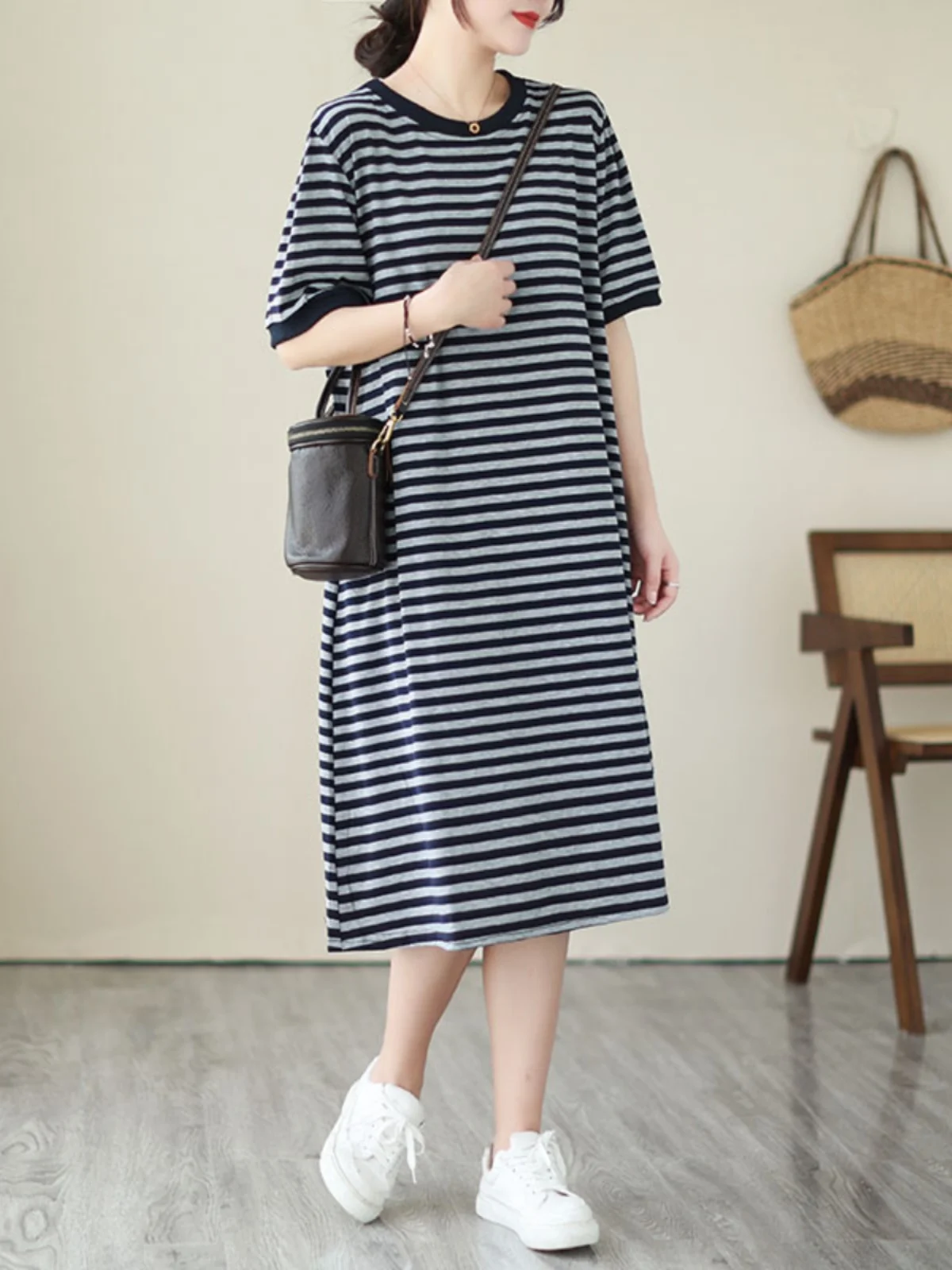 Casual Stripe Tricoté Or Sve Dr Femmes Lâche Minceur rond Ne T-shirt mi-long Dr Confortable A-Line Été D...