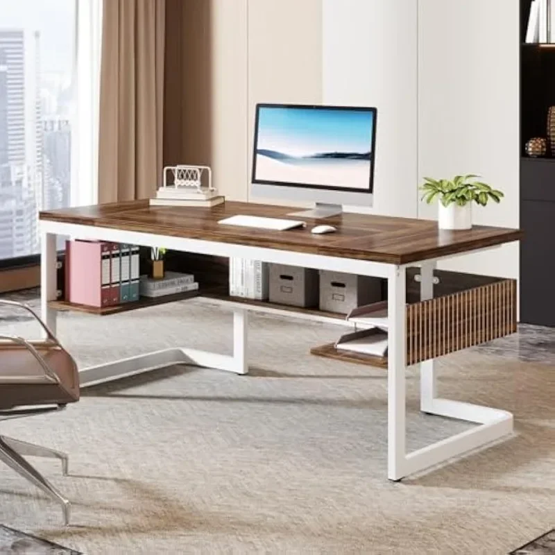 Executive Desk with Bottom Shelves, Large Office Computer Desk, Modern Simple Workstation Business Furniture for Home Office