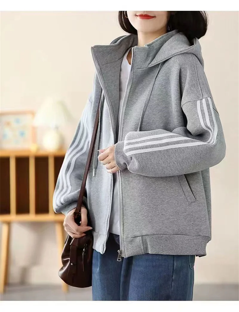 Leisure Sports Hoodie Jacket Female Plush Thickened Autumn And Winter Korean Version Loose Thin Fat Cover Meat Fashion Jacket