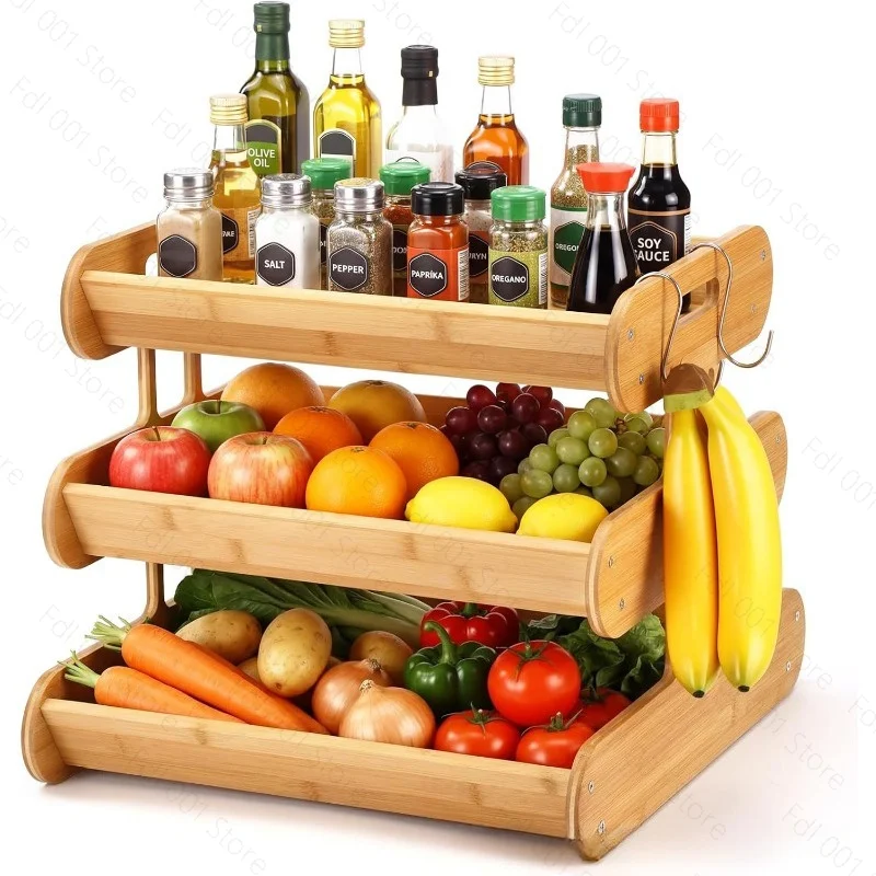 Bamboo storage rack Household kitchen Fruit vegetable storage basket Three-layer thickened storage basket Stackable drain rack