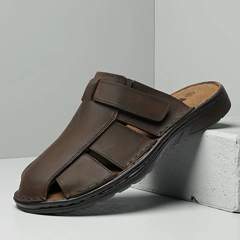 

First-Layer Cowhide Men's Solid Color Versatile Open-Toe Breathable Sandals, Comfortable, Non-Slip, Durable, Fashionable Sandals, Men's Outdoor Shoes