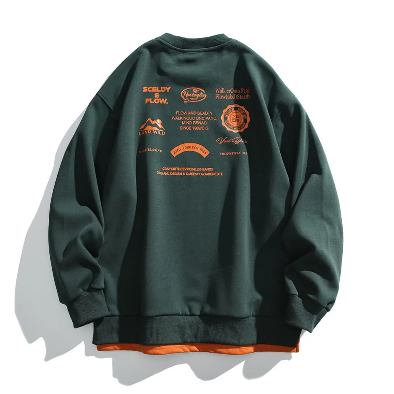 Printed Men Loose Casual Sweatshirt With Double-Layer Hem Japan Style Crew Neck Pullovers Fleeced Lining