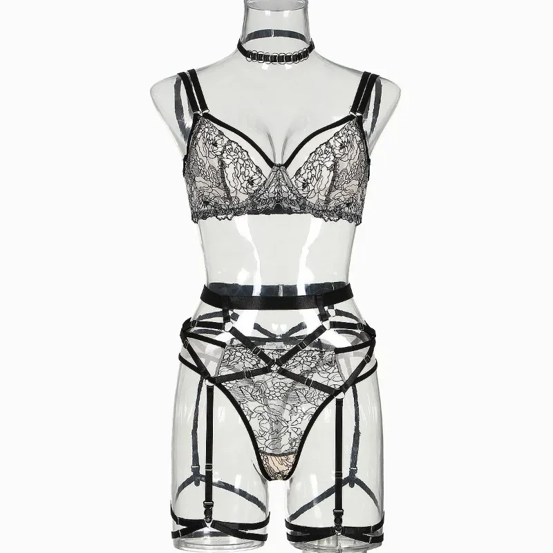 Toucheart sexy malha conjunto de roupa interior para mulher bordado rendas retalhos malha transparente ligas underwire sutiã conjunto lingerie sexy