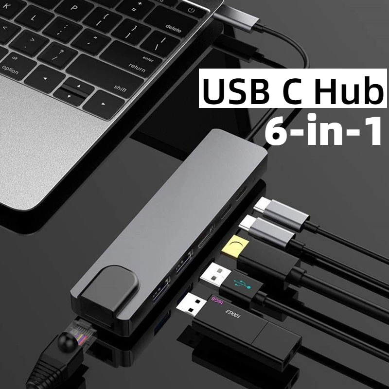

Концентратор USB C 6-в-1, совместимый с док-станцией Thunderbolt3, совместимый с 4K HDMI, данных USB A/C, 100 Мбит/с Ethernet, PD100W