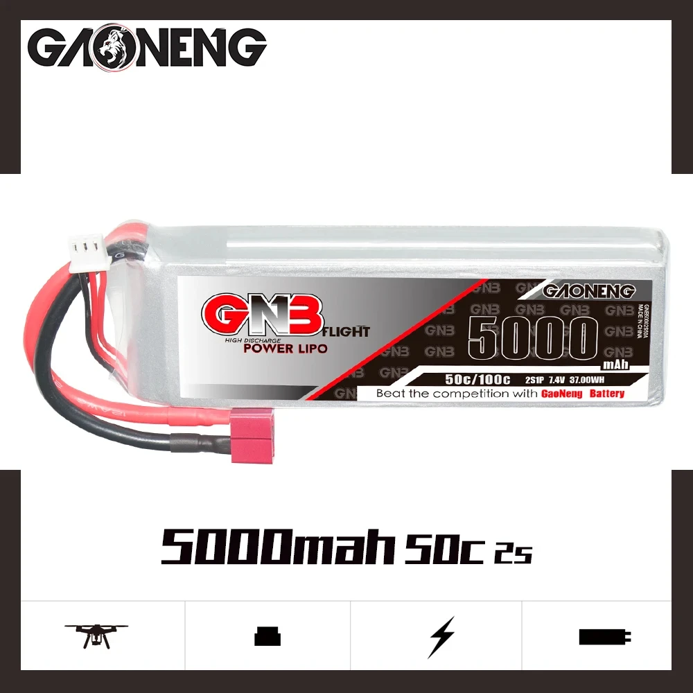 GAONENG GNB 5000mAh 2S 50C MAX 100C 7.4V XT60 Deans T Plug LiPo Battery For 1/10 and 1/8 scale RC Hobby Models Electric Car Boat