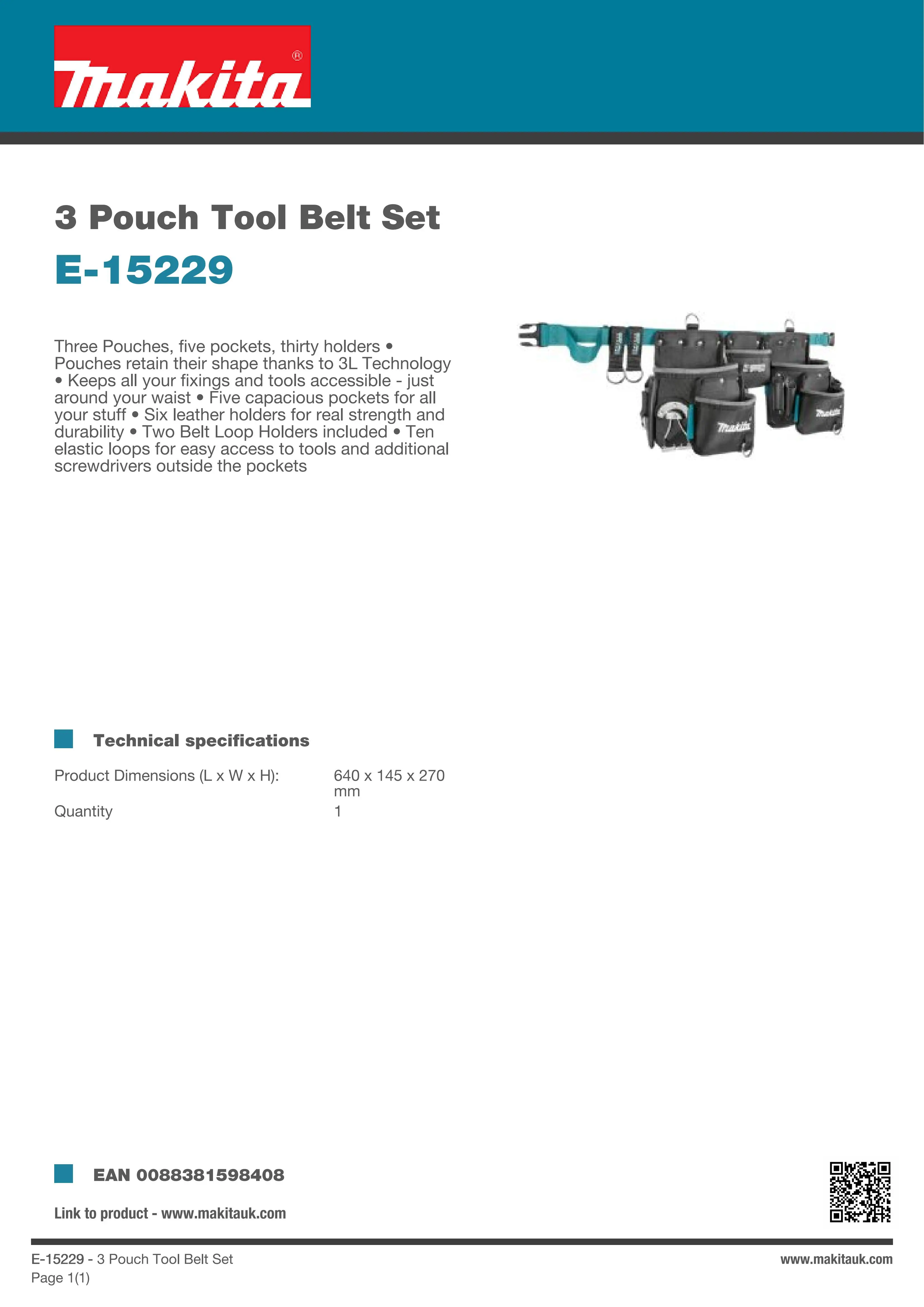 Makita E-15229 3 Pouch Tool Belt Set Power Tool Accessories