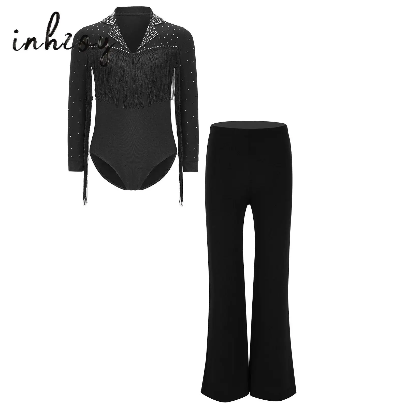 

2Pcs Kids Boys Latin Dance Outfit Long Sleeve Shiny Rhinestones Tassel Latin Leotard+Pants Set for Jazz Tango Dance Performance