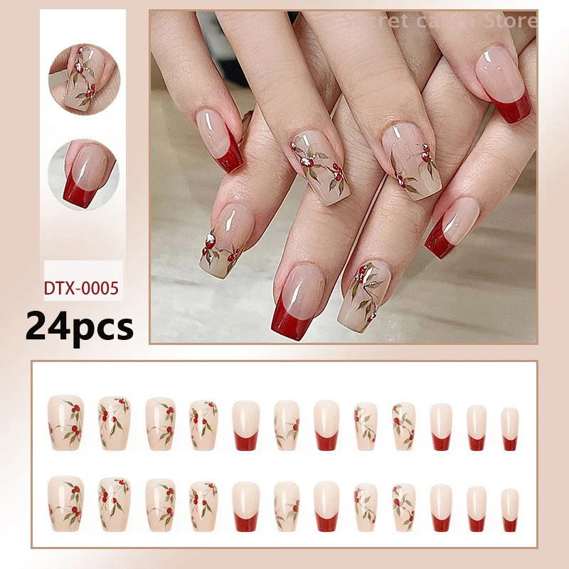 

24Pcs French Press On Nails Gel Reusable Tips Fast Wearable Chinese Style Red Side Short Trapezoid False Nails For Elegant Lady