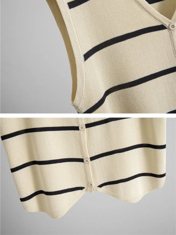 Set 2 Potong Rajutan Bergaris Tipis Musim Panas Atasan Tanpa Lengan Kancing Sebaris Kerah V Wanita Pakaian Rok Panjang Pinggang Tinggi Conjuntos