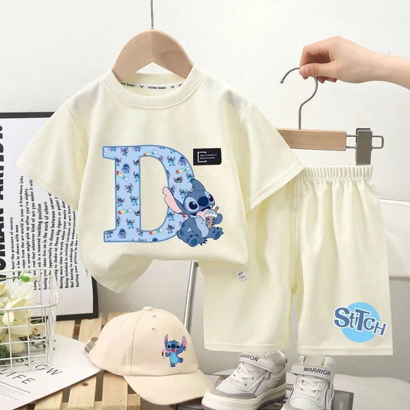 Stitch enfants T-shirt ensemble Short et haut été nouveau Disney maison vêtements garçons filles Kawaii lettre A-Z t-shirts pantalons enfants à manches courtes cadeau