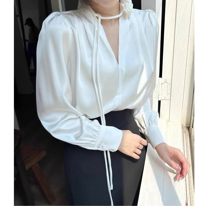 Women Clothing Elegant V Neck Blouse Long Sleeve Solid Color Loose Temperament Shirt Tops Fashion Vintage Spring Autumn New