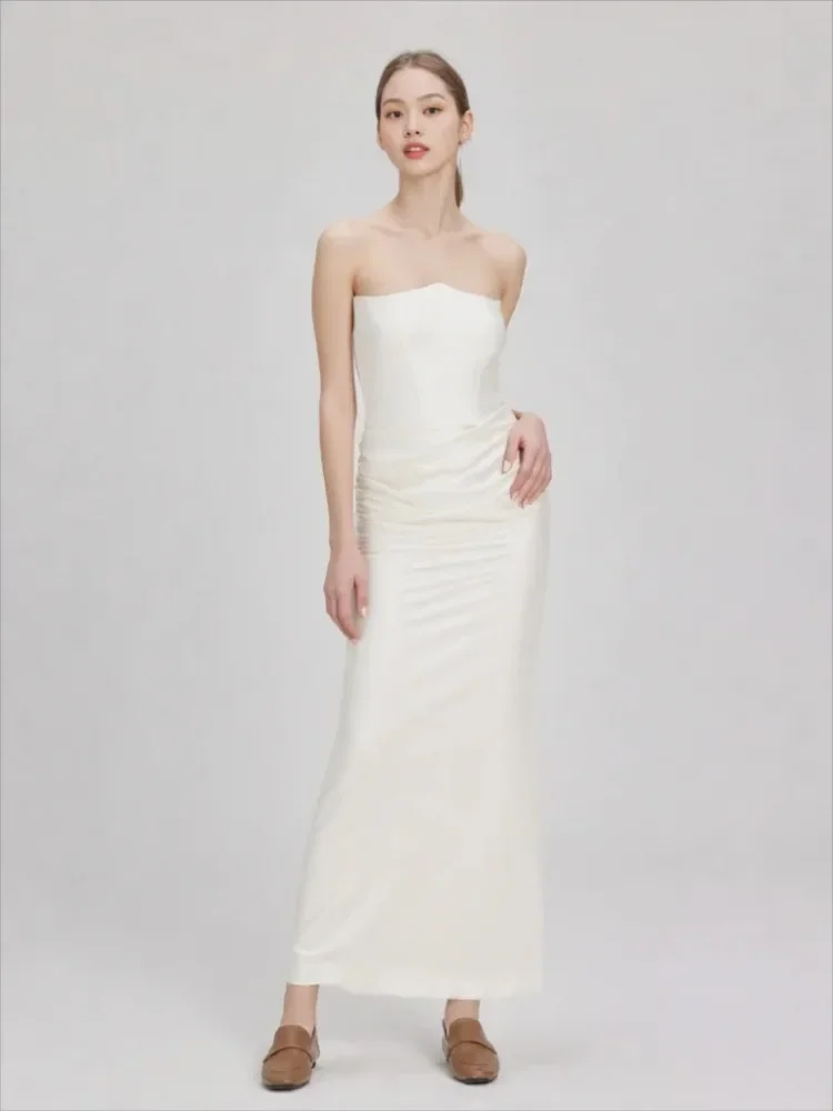 Chaxiaoa Fishbone Sexy Maxi Satin Dress Women Strapless Sleeveless Pleated Long Dress Female Elegant Evening Party Robe Vestidos