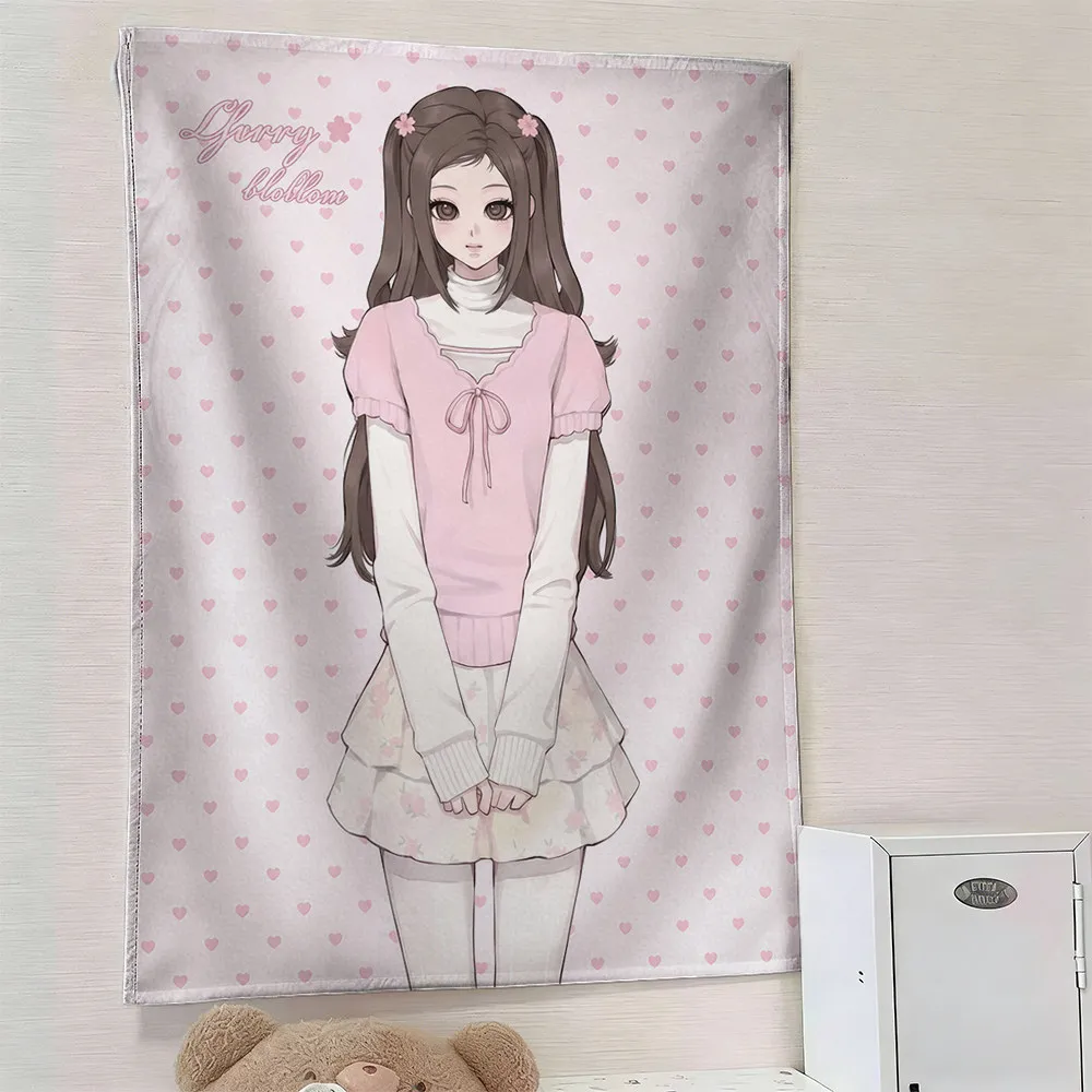 VIKAMA Soft Pastel Fashion Girl Wall Tapestry Pink Heart Dot Background Wall Hanging Daily Style Dorm Bedroom Wall Decor