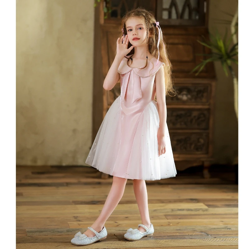 2026 Elegant Host Piano Performance Costume Children Girls Princess Style Pink Tulle Birthday Evening Gown New Baby Kids Party