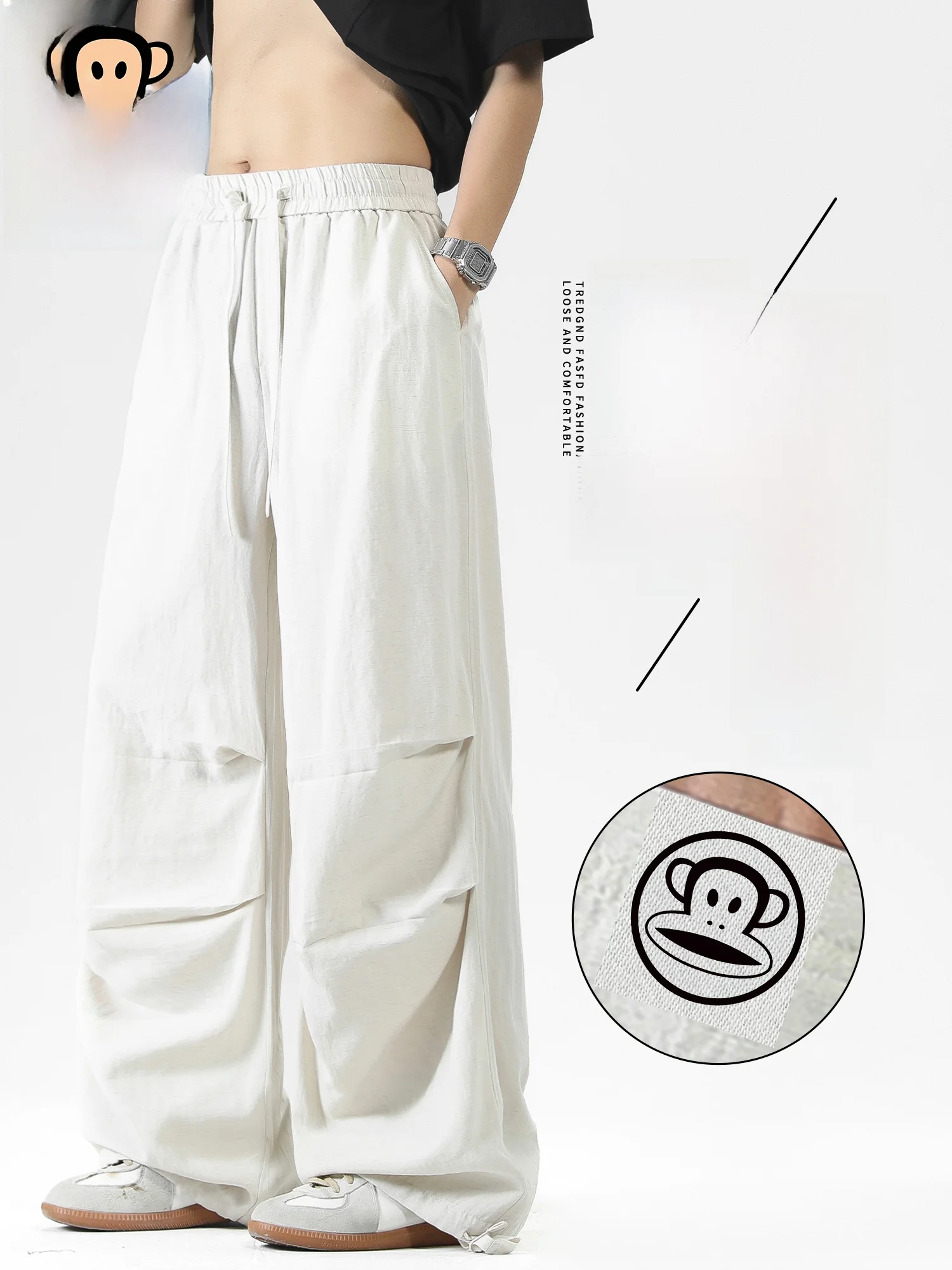 

PaulFrank Linen Silk Paratrooper Pants Men Summer Lightweight Casual Long Trousers Straight Leg Elastic Waist No Stretch