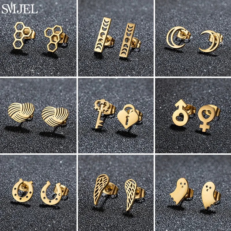 Minimalist Horseshoe U Shaped Stud Earrings for Women Unique Celestial Moon Phase Earings Fashion Jewelry Girls Punk Gifts