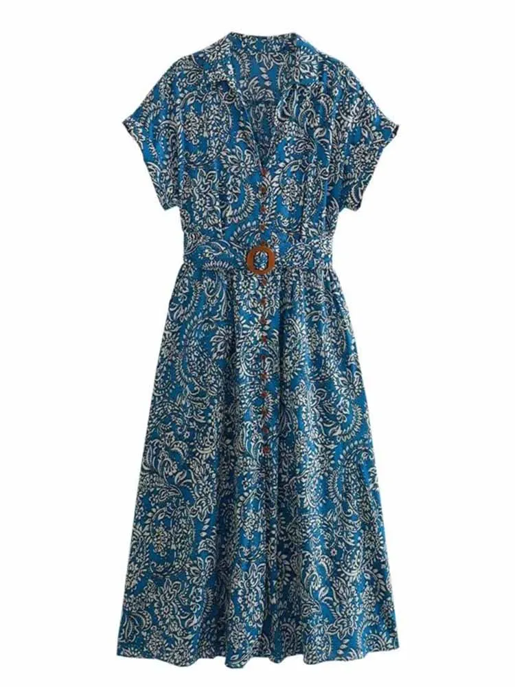 

Women New Chic Fashion With belt Casual lapel print Midi Dress Short Sleeve Button-up Female Dresses robe Mujer 7921/629