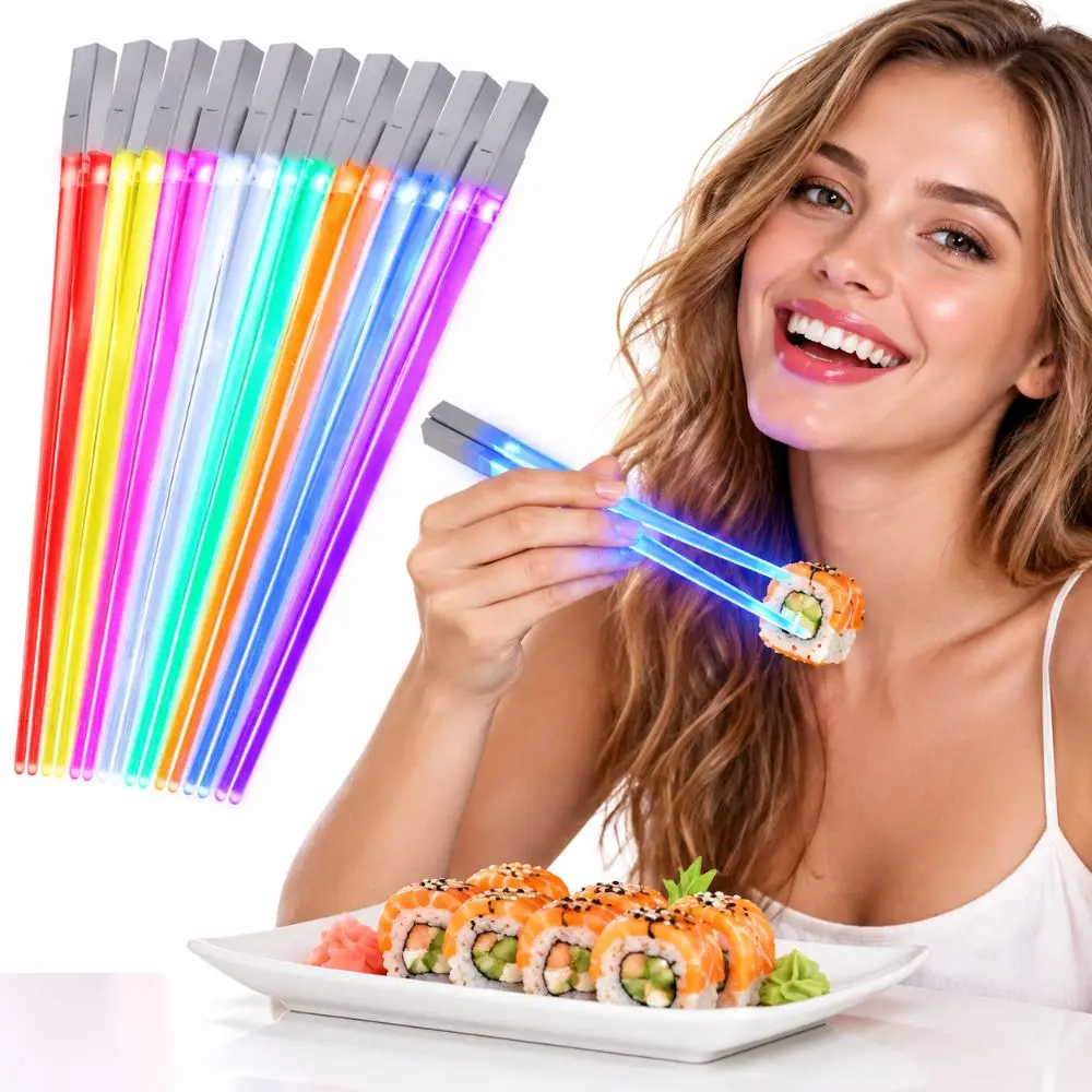 New 1 Pair LED Light Up Chopsticks Flashing Light Multicolor Glowing Chopsticks Reusable Fun Light Up Sticks Party