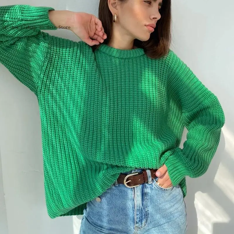 Winter Loose Green Jumpers Solid Long Sleeved Warm Knitted Pullover Sweater Women Casual O Neck Sweater Autumn