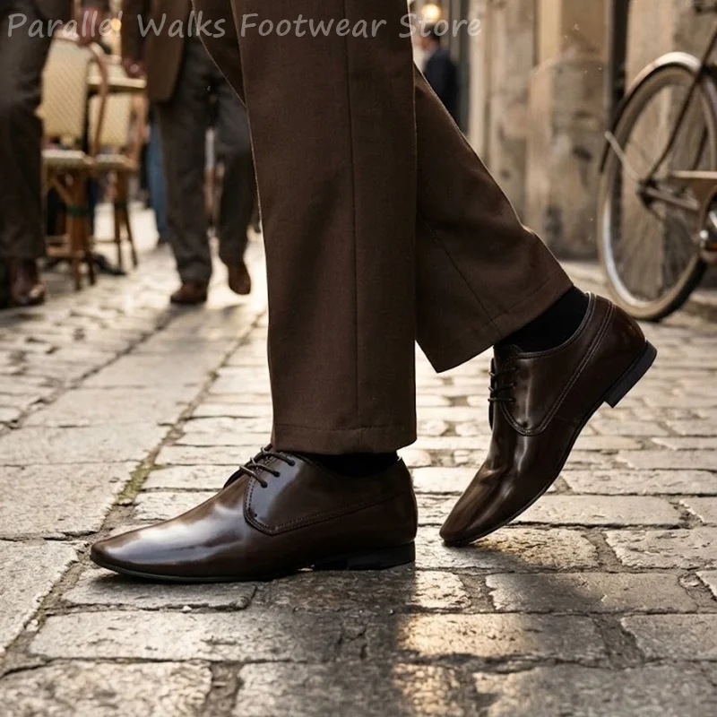 Men Square Toe Lace Up Derby Shoes Sleek Low Heel Formal Business Office Wedding Prom Tuxedo Evening Gentleman Flat Dress Shoes