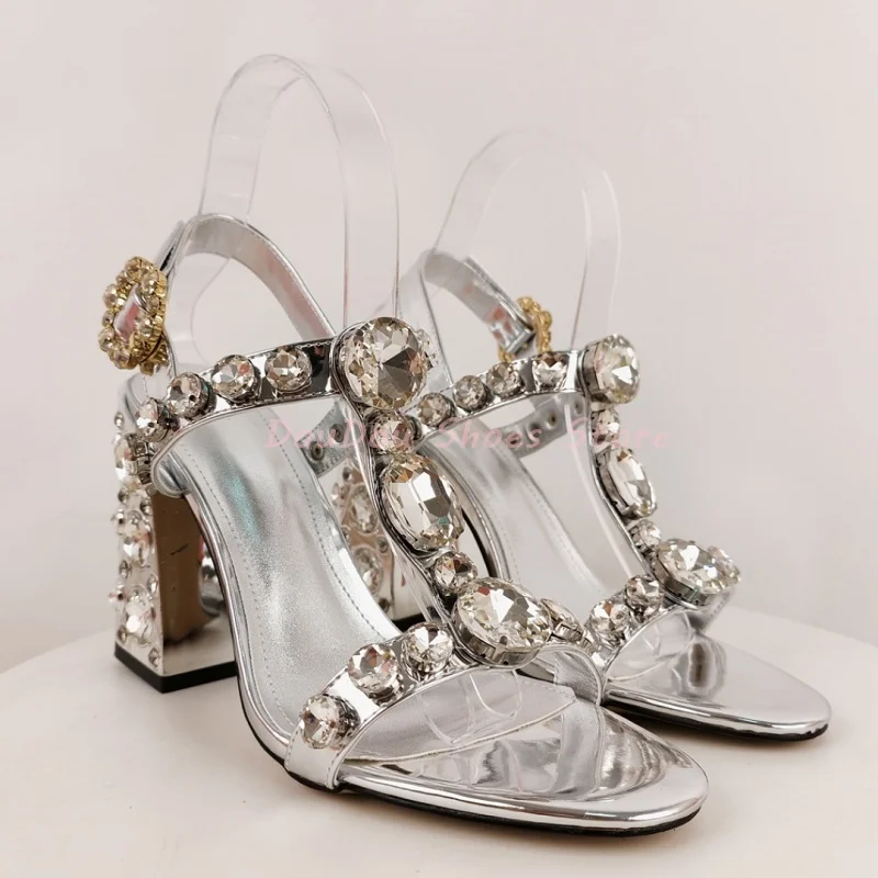 Sliver Shiny Rhinestone Buckle Strap Block Heel Sandals Women Crystal Decor Open Toe High Heels Luxury Fashion Party Prom Shoes