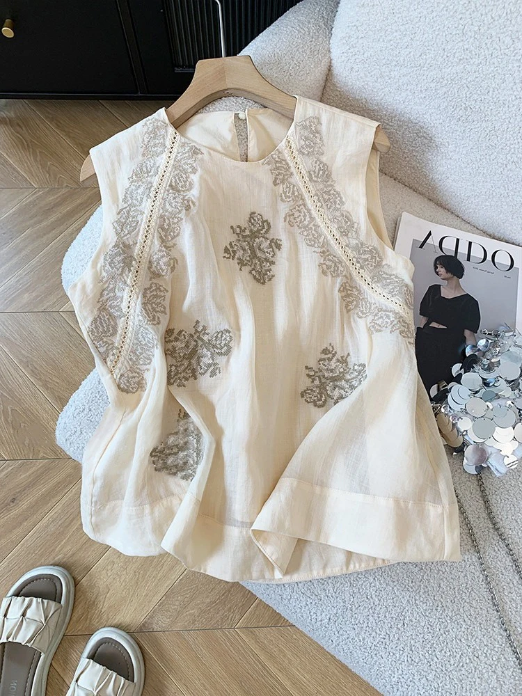 Colete E de Linho Bordado Sem Mangas com Decote Redondo, Ajuste Solto, Estilo Vintage Fino para Homens e Mulheres, Est...