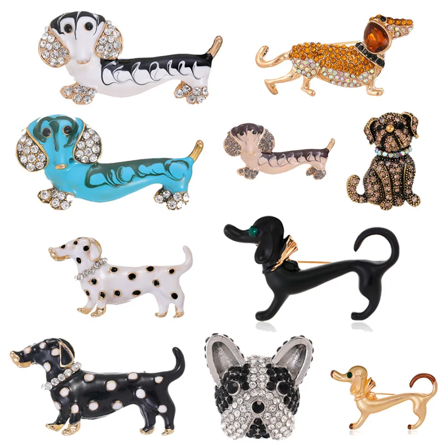 Cute animal vintage brooch fashion shiny rhinestone spotted dog bulldog poodle pin men women clothing accessories jewelry gift