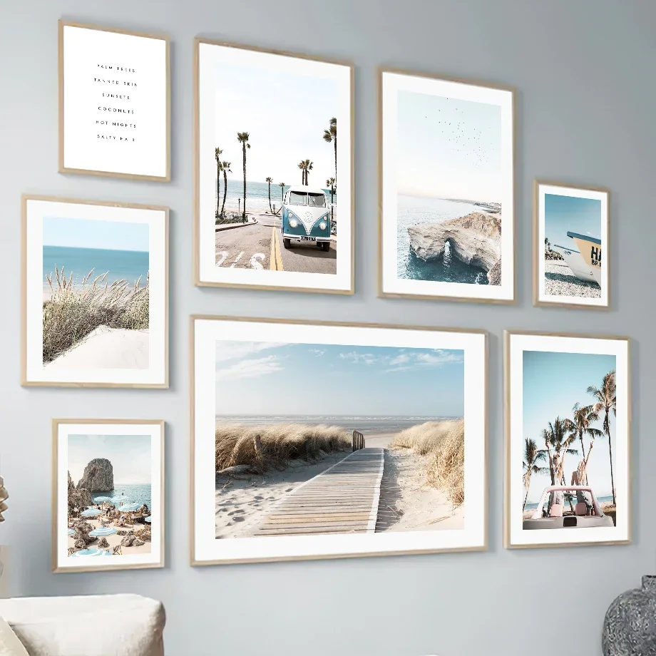 Sunshine Blue Ocean Beach Grass Seaside Cliff Van Car Poster Print Wall Art Canvas Painting Modern Pictures Living Room Decor