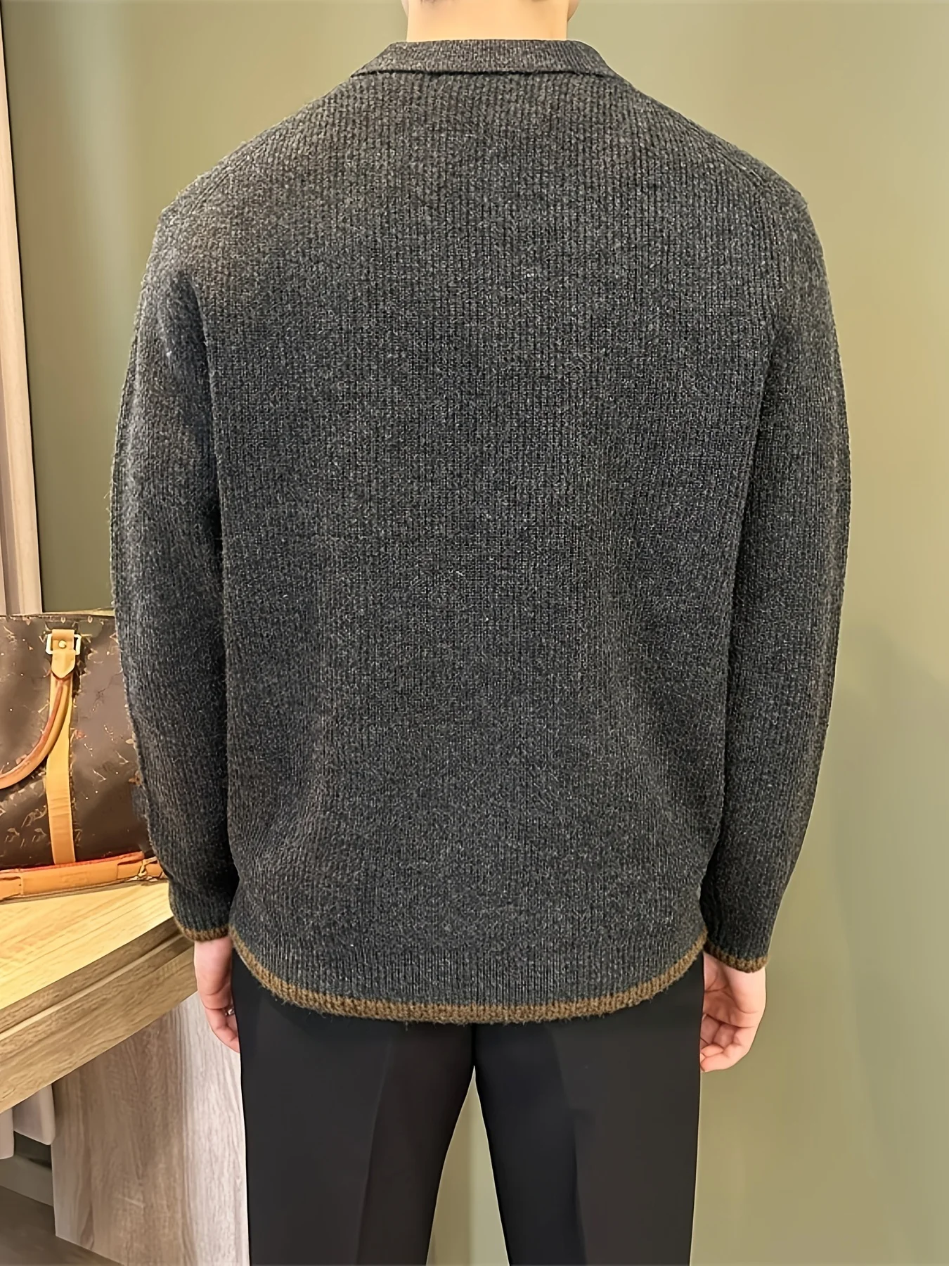 Herren-Polokragen-Strickpullover, Herbst-Winter, Langarm, Knopfleiste, gerippte Textur, lässig, Business, Pendler, einfarbig, Revers – Detail 3
