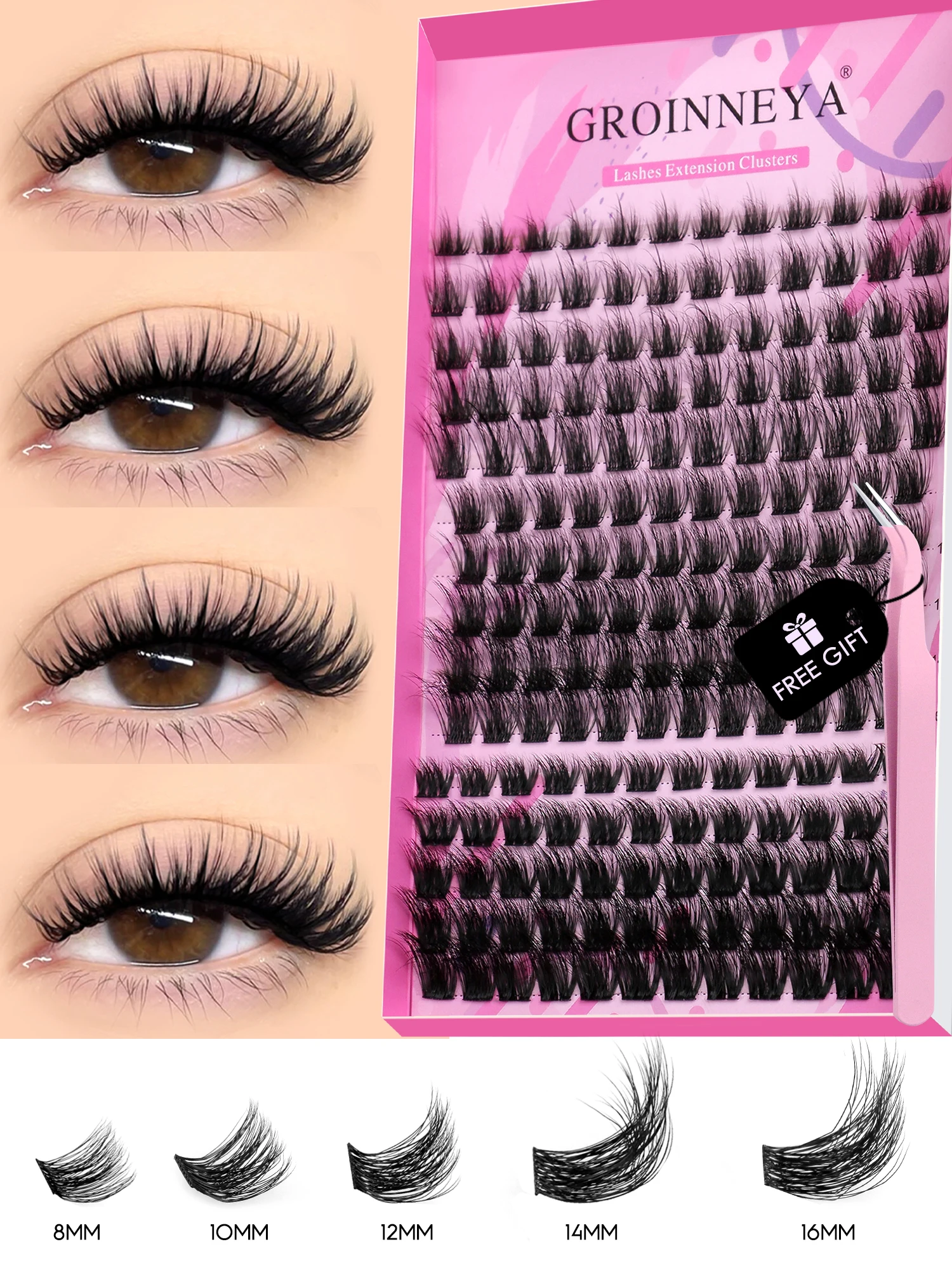 GROINNEYA DIY Cluster Lashes Mixed Tray Individual Lashes Volume Eye Lashes Soft Natural Lashes Mink Lash Cluster False Eyelash