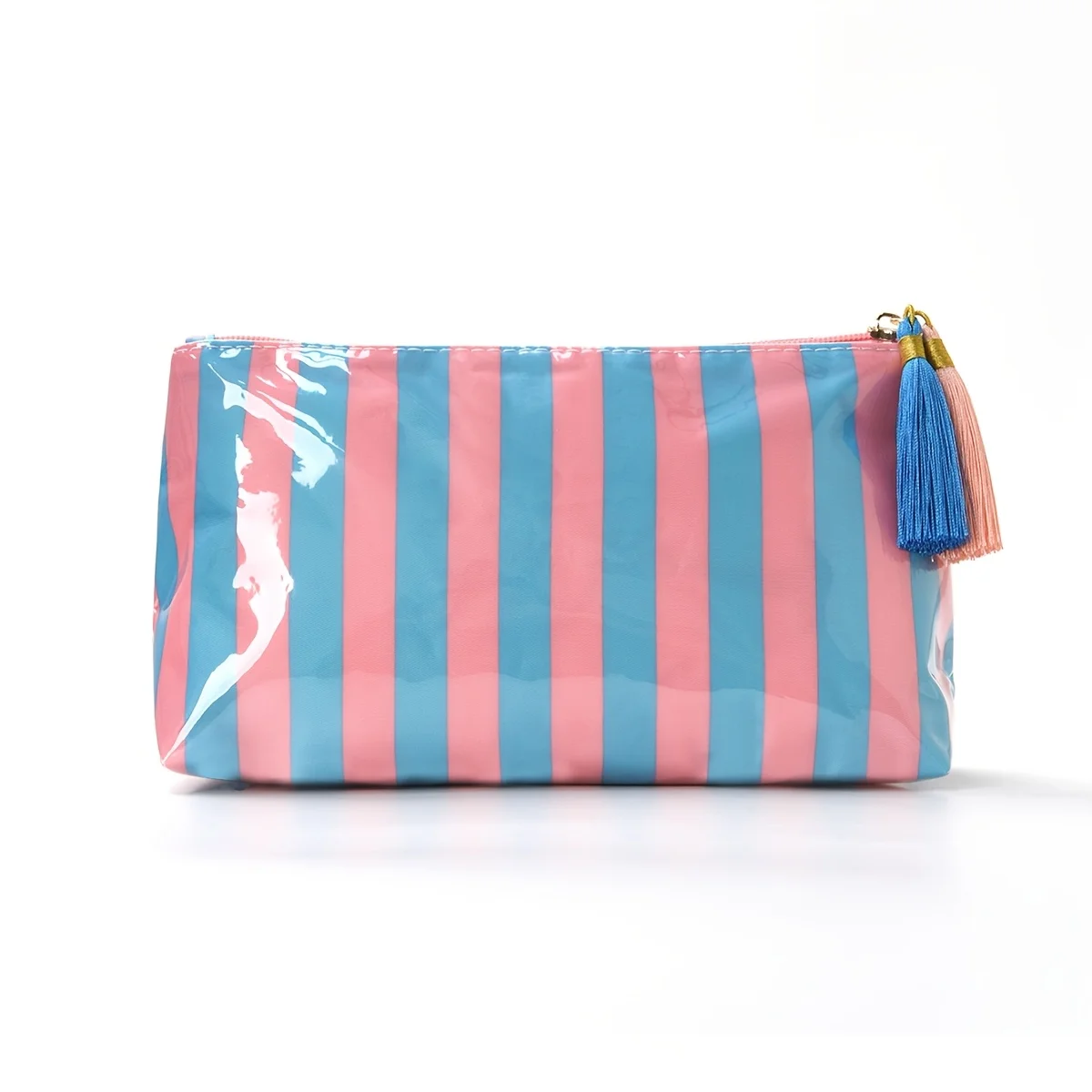 Große Kosmetiktasche mit Anhängerquaste, Aufbewahrungstasche für Kosmetik und Toilettenartikel, Aufbewahrungstasche für Studenten und den Heimgebrauch, gestreifte Kosmetiktasche, Kosmetiktasche mit wasserdichten Kanten – Detail 7