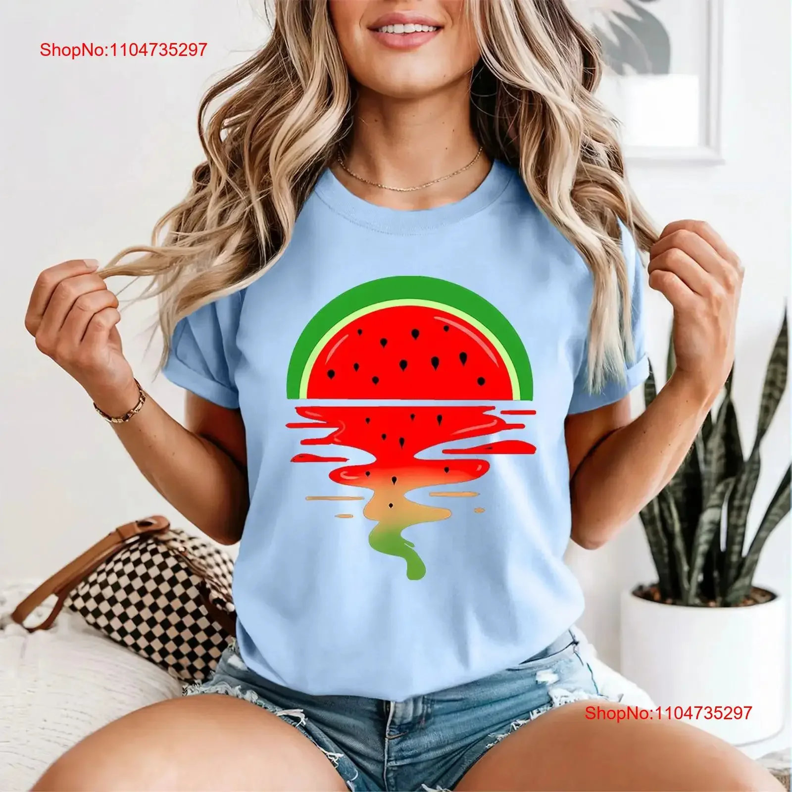 Wassermelone Dripping Fruits Food Damen-T-Shirt, erfrischend, für den Sommer, lange oder kurze Ärmel, Vintage, gewaschene Grafik, stilvoll