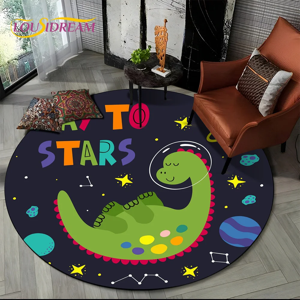 Cartoon Dino Cute Dinosaur Space Children Round Carpet Rug for Living Room Bedroom Chair Decor,Pet Area Rug Non-slip Floor Mat