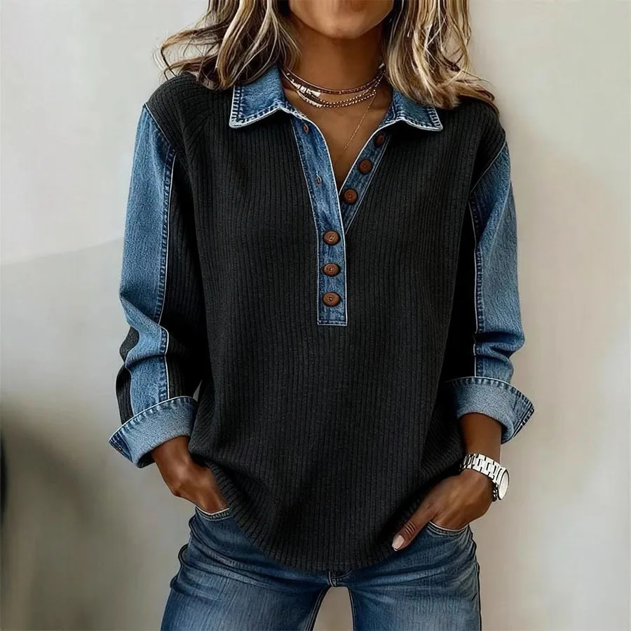 2026Women's Spring and Autumn New Style Fashionable Casual Comfortable Versatile Denim Splicing Lapel Loose Pit Sweatshirt Women
