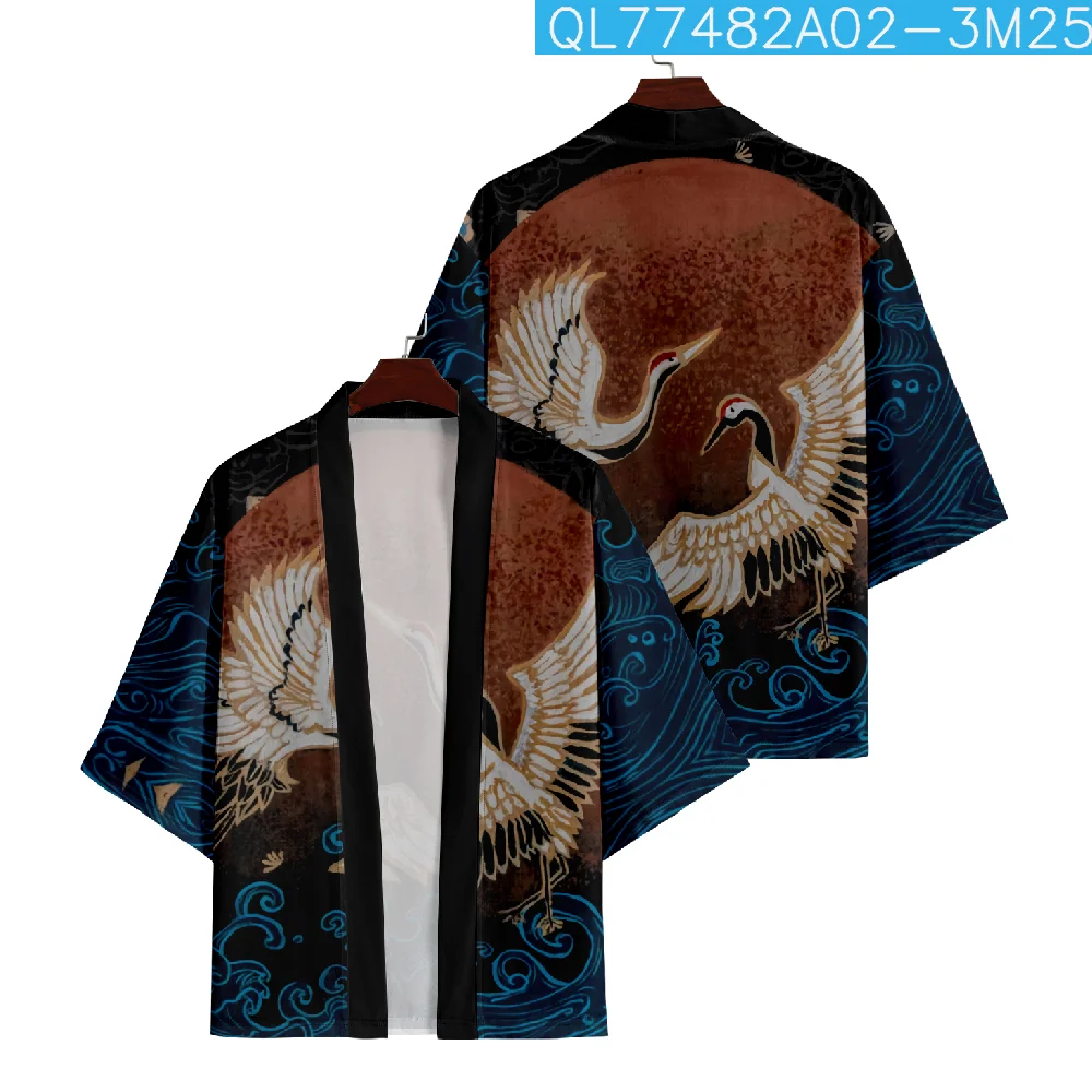 

Samurai Kimono Women Japanese Yukata Asian Clothes Cardigan Shirt Men Traditional Crane Sun Wave Print Cosplay Haori Robe