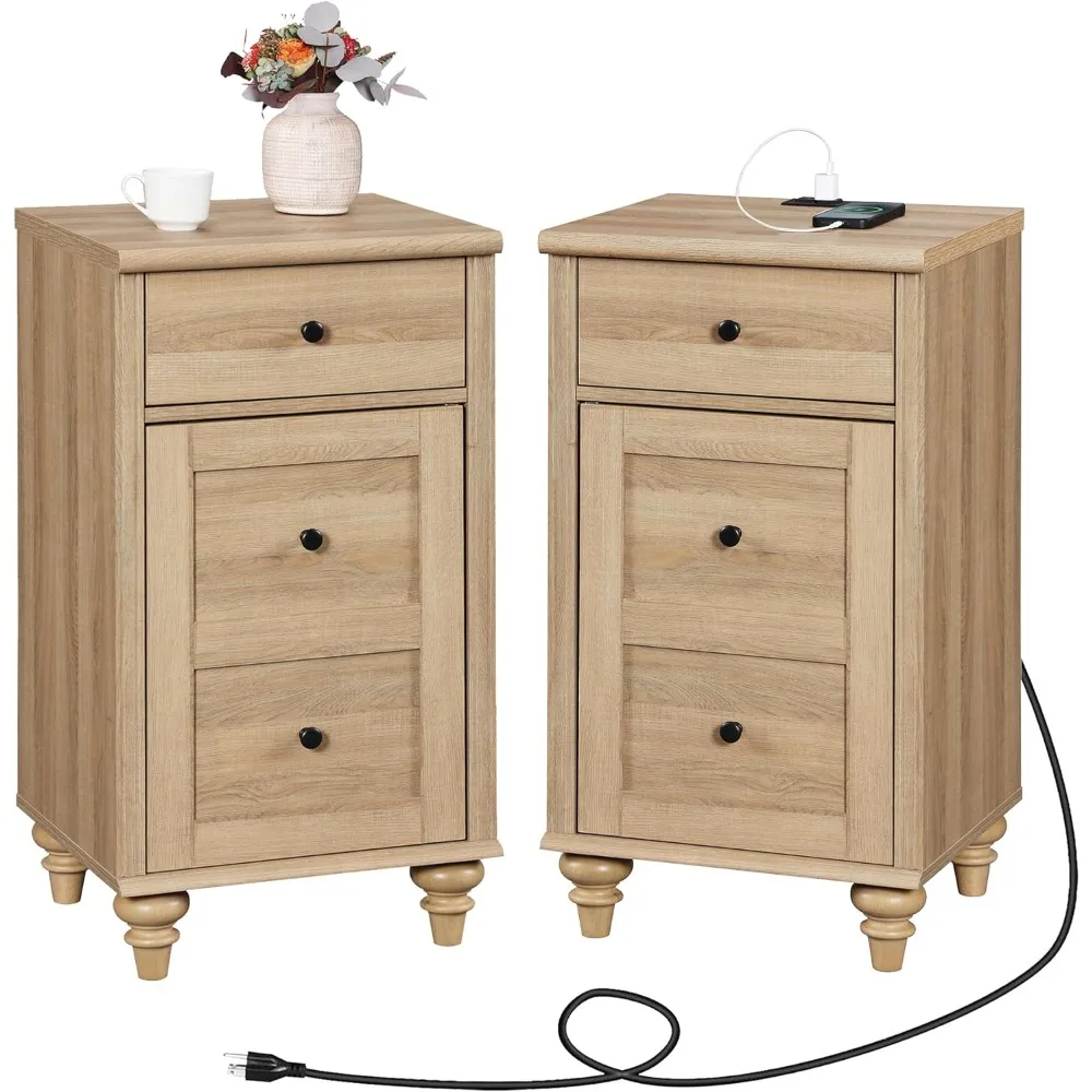 Nightstand Set of 2 with Charging Station, Power Outlets & USB Ports, Drawer and Storage Cabinet, Modern Nightstand