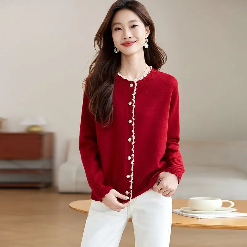

Fashion Round Neck Sweater Jacket Spring and Autumn New Fashionable Lace Knitted Cardigan Top Korean Version XQ37